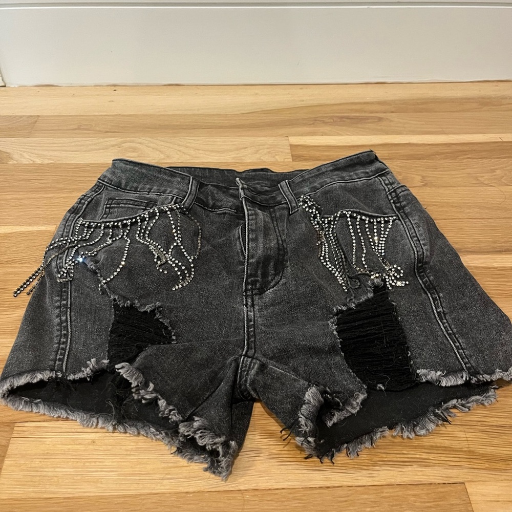 Embellished Black Denim Shorts